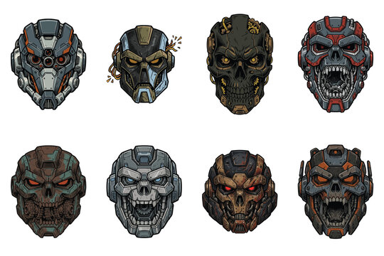 Pixel Art Sci Fi Cyborg Skull Helmet Avatar Icon Set for Cyberpunk Video Game Character Design