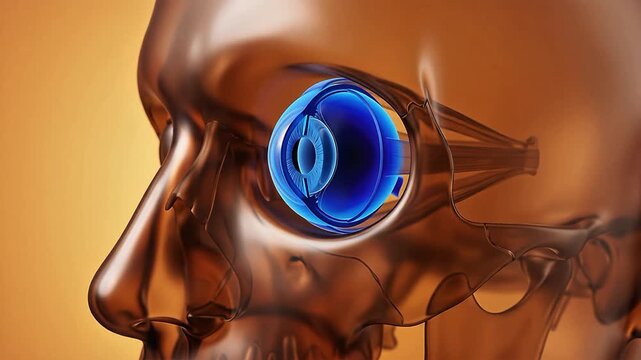 Medical 3D illustration of a human skull featuring a detailed blue eyeball and optic nerve in the orbital socket