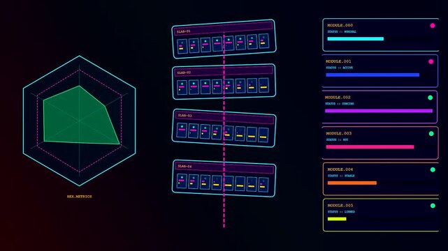 A modular datacenter interface displays animated geometric graph metrics and status bars with glowing neon lines across a deep black digital grid environment for analytics