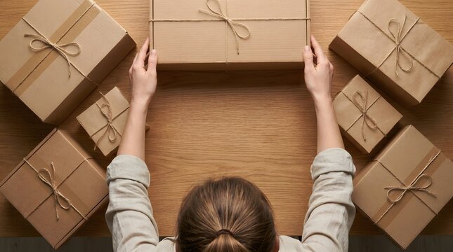 Hands arranging multiple cardboard gift boxes tied with twine on a wooden table top view