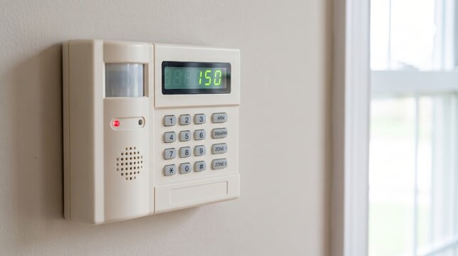 Home security alarm keypad shows an armed status beside a motion sensor. Daylight enters through a nearby window. Residential protection and smart safety concept.