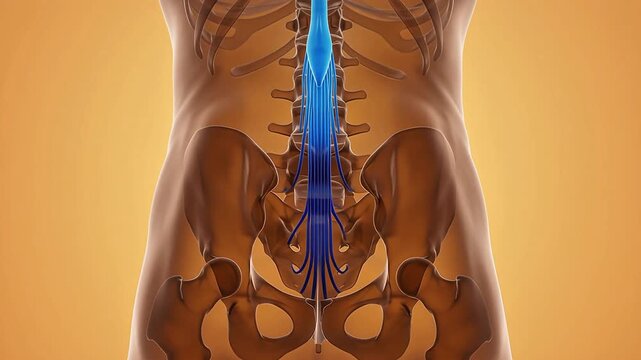 Medical 3D animation of the human lumbar spine and pelvic bone with highlighted spinal cord and nerve roots against a warm background