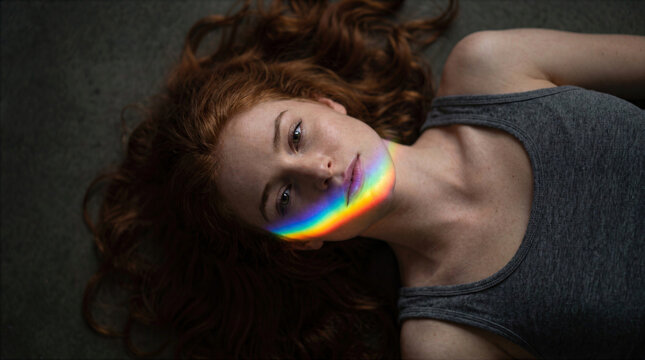 Woman lying down with a rainbow of light across her face