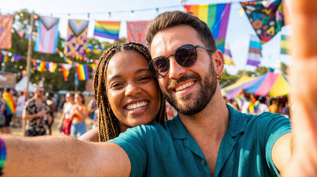 Smiling couple taking a selfie at a colorful outdoor festival