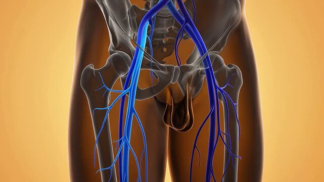 Medical 3D animation highlighting the male pelvic circulatory system with femoral and iliac veins against a transparent skeletal frame