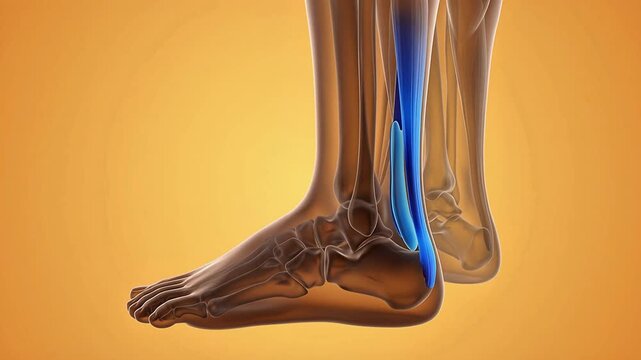 3D anatomical visualization of the human foot and ankle with the Achilles tendon highlighted in blue for medical education