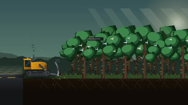 2D animation depicting critical habitat loss as a yellow bulldozer relentlessly clears a lush forest, knocking down trees and forcing birds to flee in a powerful environmental destruction concept