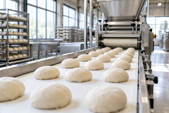 Modern automated bakery conveyor belt shaping freshly formed artisan bread dough rounds in high-tech industrial kitchen with stainless steel equipment