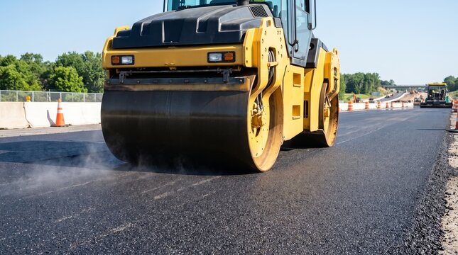 Road roller compacts fresh asphalt on a highway construction site. Traffic cones and barriers line the sunlit roadway. Infrastructure growth supports transport planning.
