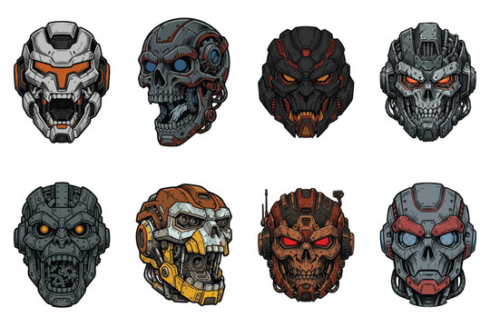 Set of eight detailed mecha warrior head illustrations and robotic skull designs for gaming science fiction concepts and futuristic character art