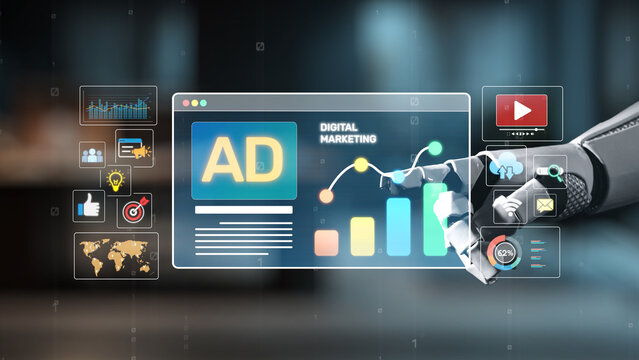 A futuristic robotic hand interacts with a digital marketing dashboard showcasing graphs, ads, and multimedia elements, symbolizing innovation and technology in business strategies. Salient