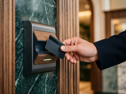 Hand swiping an electronic access card on a modern wall reader. Secure entry system with green indicator light in a luxury corporate office