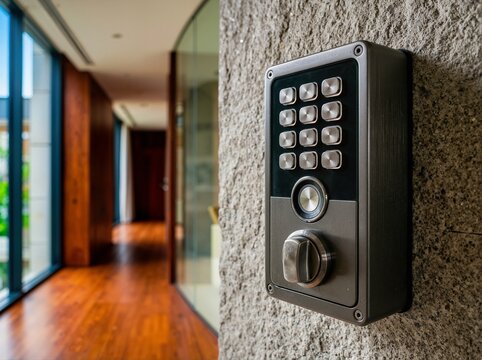 Wall mounted electronic key safe on a stone wall. Secure lockbox with numeric keypad for property access. Smart home security technology