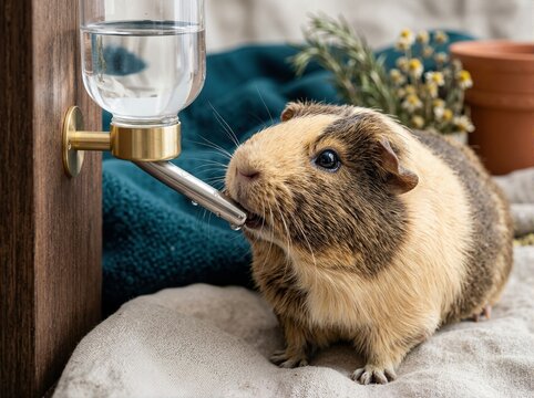 Brown and black guinea pig drinking water from a metal spout. Close up of a pet rodent hydrating from a glass bottle on a wooden stand. Domestic animal care concept