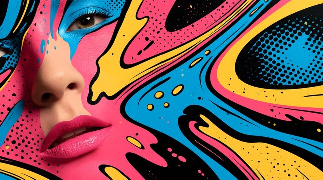 Pop art face closeup, bold pink blue and yellow body paint with comic halftone dots, retro American backdrop for beauty, cosmetics and fashion design