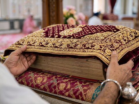 Hands lifting an ornate gold embroidered velvet cover from a large sacred book. Close up of holy scripture pages in a religious setting. Sikhism and spiritual devotion concept