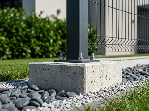 Black metal security fence post bolted to a concrete foundation. Close-up of perimeter barrier construction with gravel and grass