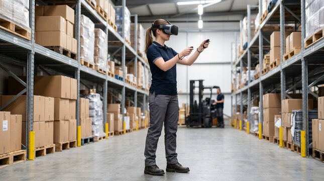 Woman wearing a virtual reality headset uses controllers in a large warehouse. Shelves filled with cardboard boxes line the spacious industrial interior. This symbolizes innovation