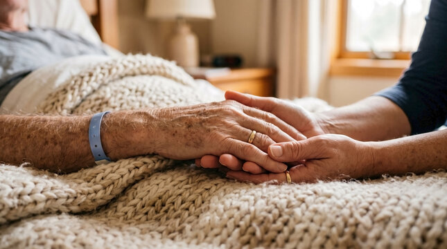 Close up of caregiver hands holding elderly patient hand with hospital wristband on knitted blanket. Empathy and palliative care concept