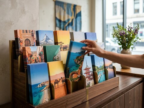 Hand selecting travel brochure from wooden display rack. Choosing vacation destination at tourism agency