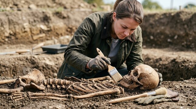 Archaeologist brushing excavated human skeleton remains at dig site. Female scientist examining skull and bones in archaeological trench