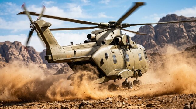 Military transport helicopter landing in desert kicking up dust cloud. Army helicopter touching down in arid mountain terrain