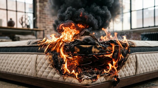 Mattress catching fire with intense flames and thick black smoke. Household bedroom fire hazard and spring interior damage