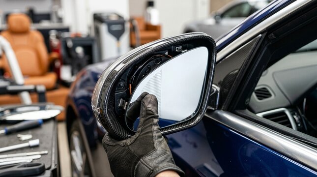 Mechanic installing new side mirror glass on blue luxury car. Auto body repair and mirror replacement process in workshop