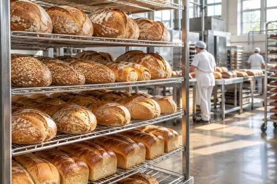 Artisan bakery loaves fresh sourdough breads displayed on metal racks in professional kitchen with chefs preparing pastries, rustic organic vibe