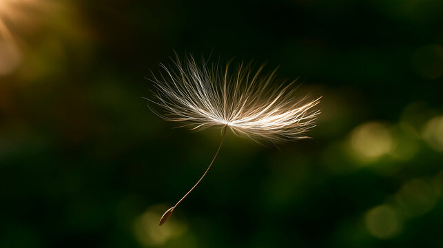 delicate dandelion seed floating in warm backlight against a soft green background with copyspace, nature concept of dispersal, freedom, fragility and environmental change