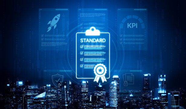 This digital illustration showcases compliance standards with KPI metrics against an urban skyline at night, illustrating business growth and performance measurement visually. Nascent