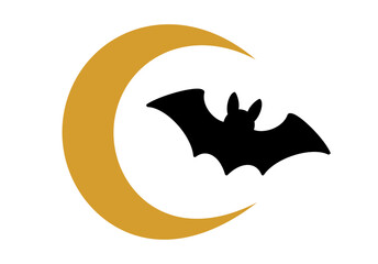 Black Bat Silhouette with Crescent Moon, Halloween Design © V