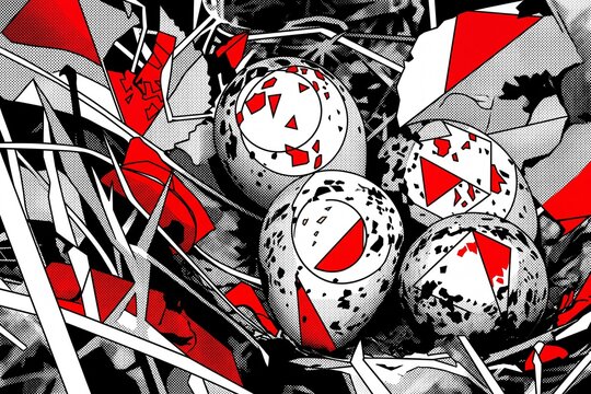 Graphic pop art illustration of speckled bird eggs resting in a nest with geometric red shapes