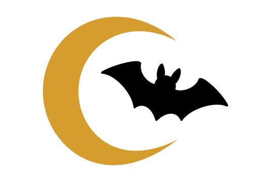 Black Bat Silhouette with Crescent Moon, Halloween Design