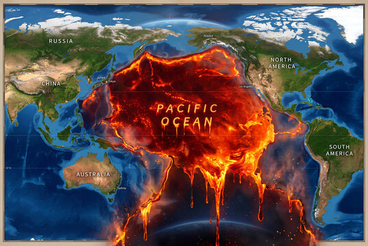 Pacific Ring of Fire: A dramatic illustration showing the Pacific Ocean as a fiery, volcanic zone with molten lava erupting and engulfing surrounding continents.