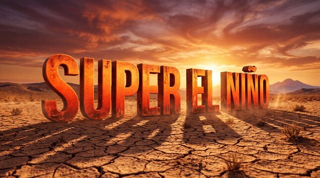 Super El Ni&ntilde;o Heatwave: The words SUPER EL NI&Ntilde;O cast long shadows in a parched, cracked desert landscape under a blazing, apocalyptic sunset, symbolizing extreme heat and drought.