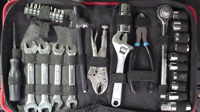 Video of a tool case with various wrenches and pliers &mdash; organized hand tools for mechanics and home repair projects