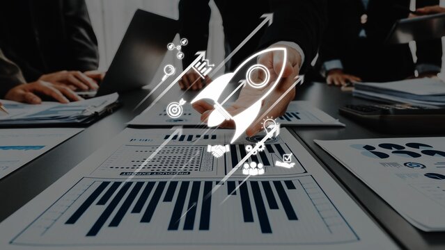 Bright and engaging image portraying business growth through charts, team collaboration, and strategic planning in a modern office environment. Perfect for financial themes. Raster