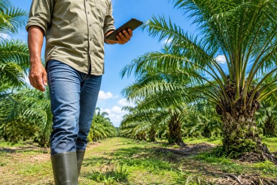 Professional agriculturalist inspecting oil palm plantation using tablet device in tropical field under bright sunny sky