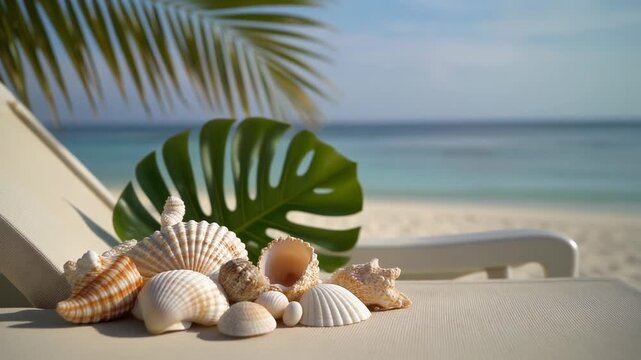 Seashells and Monstera Leaf on Tropical Beach Lounge Chair 4K Generative AI