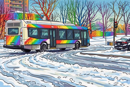Colorful rainbow bus driving on a snow covered city street during winter illustration