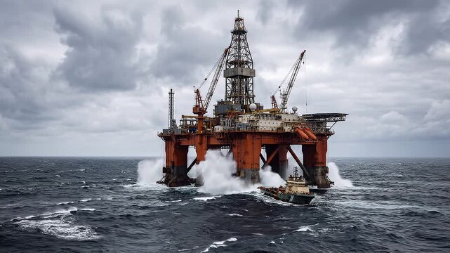 Massive offshore oil rig platform operating in rough seas under stormy skies.