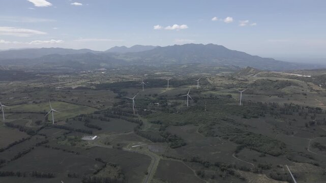 Aereal drone view of san antonio wind farm in santa elena barillas guatemala