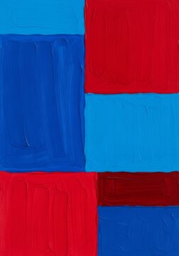 Abstract geometric art featuring rigid squares and rectangles created with bold cobalt blue and dark red acrylic strokes on gesso texture, design, backdrop, surface