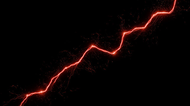 Red Glowing Lightning Bolt Zigzag Line with Sparks on Black Background Abstract Energy Concept