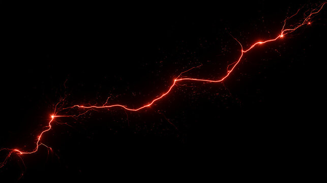 Red Glowing Lightning Bolt Zigzag Line with Sparks on Black Background Abstract Energy Concept