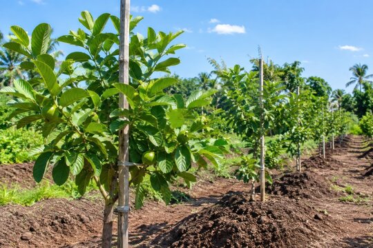 Young vibrant citrus trees thriving in modern agricultural field under bright sunny sky, lush green foliage with wooden support stakes, organic farming concept