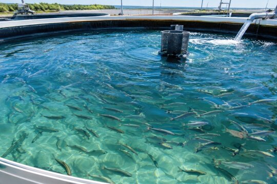 Dense school of vibrant silver fish swimming in clear turquoise aquaculture tank with feeding station, modern fish farming facility