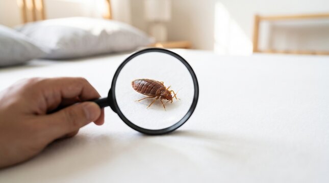 photograph of a person holding a black magnifying glass over a small reddish-brown bed bug crawling on a clean white mattress. The insect appears sharply enlarged through the lens