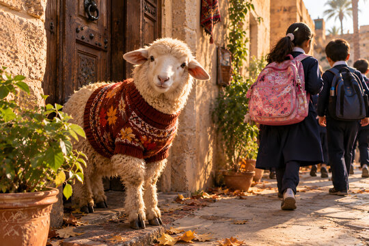Sheep In Tiny Sweater Watching Children In Uniforms